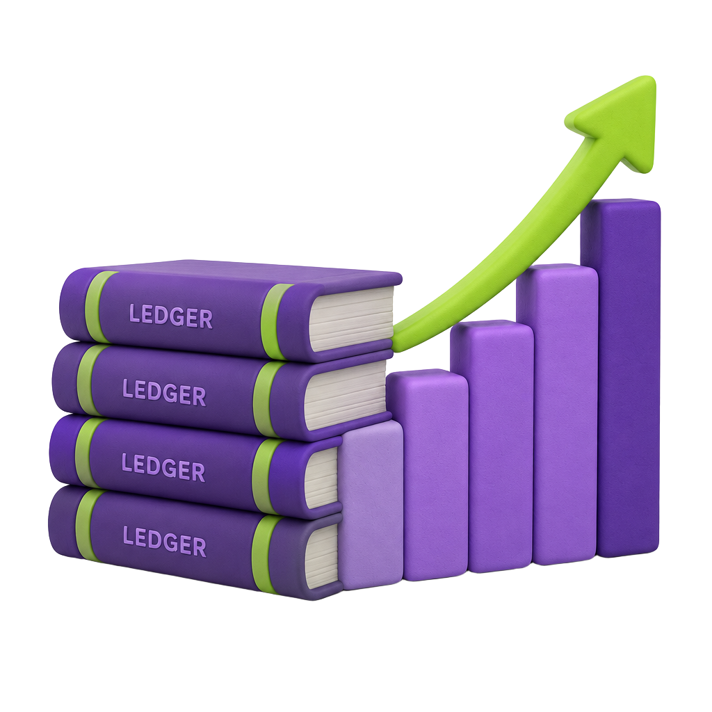 Ledger books rising into a growth chart